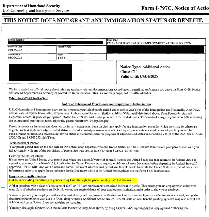 USCIS Issuing Form I-797C To Extend EADs For Certain Afghan Parolees